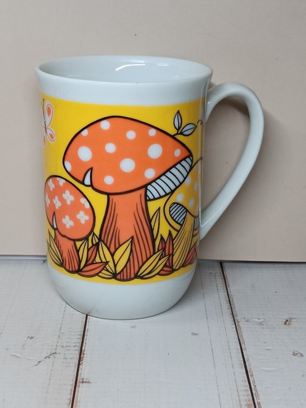 VTG Goodwood Mushrooms Mug 1970s Kitsch Bright Orange Yellow Cup CottageCore